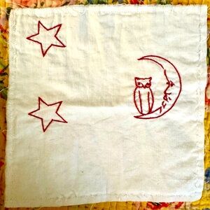 Delightful Antique Embroidered Owl and Stars Quilt Square. Turkey red thread .